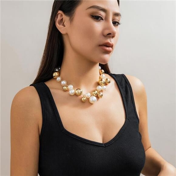 Chunky Gold Pearl Choker Necklace | Statement Jewelry - Picture 2 of 6